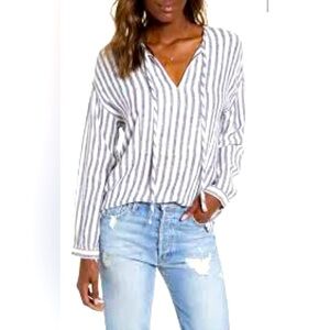 Rails Navy and White Striped V-Neck Blouse